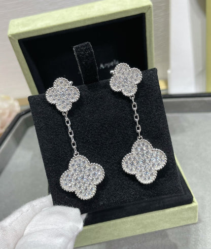[⭐Hinora Jewelry]CLOVER 2 MOTIFS DIAMOND PAVED SILVER EARRINGS