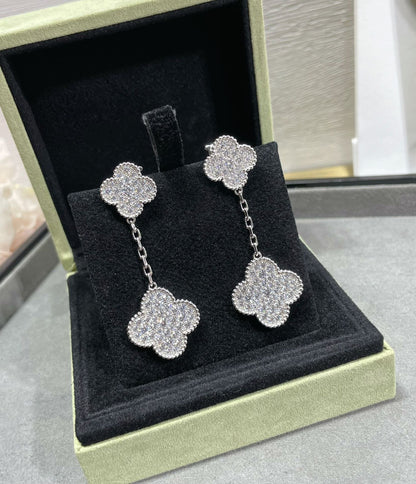 [⭐Hinora Jewelry]CLOVER 2 MOTIFS DIAMOND PAVED SILVER EARRINGS