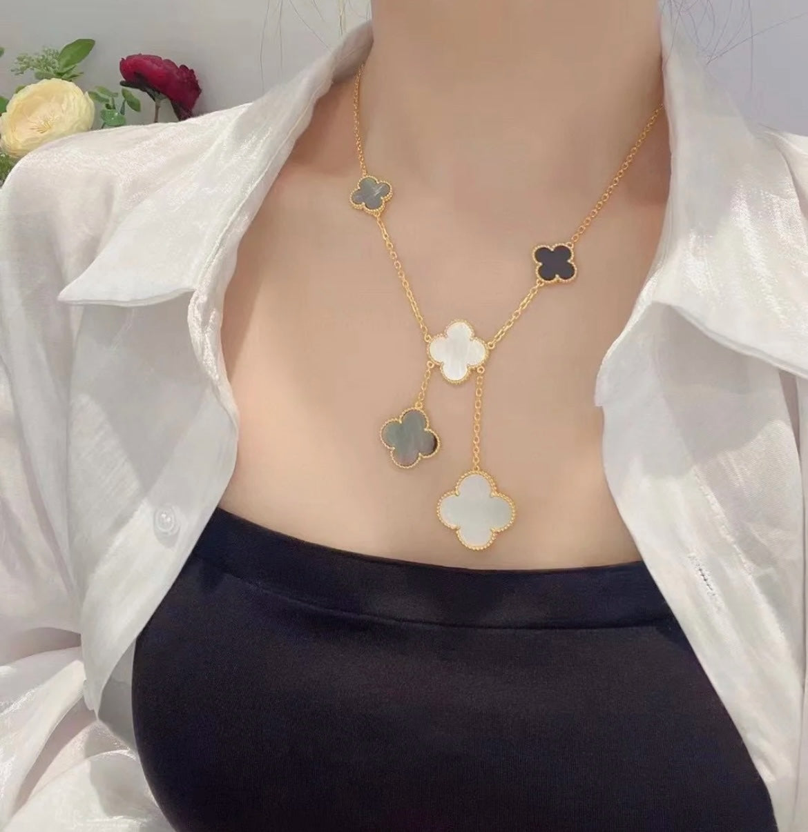 [⭐Hinora Jewelry]CLOVER 6 MOTIF MOP ONYX GOLD NECKLACE
