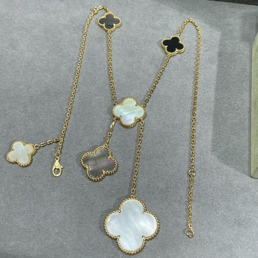 [⭐Hinora Jewelry]CLOVER 6 MOTIF MOP ONYX GOLD NECKLACE