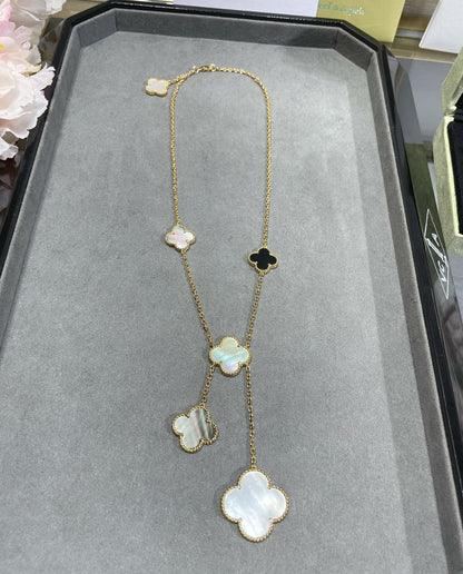 [⭐Hinora Jewelry]CLOVER 6 MOTIF MOP ONYX GOLD NECKLACE