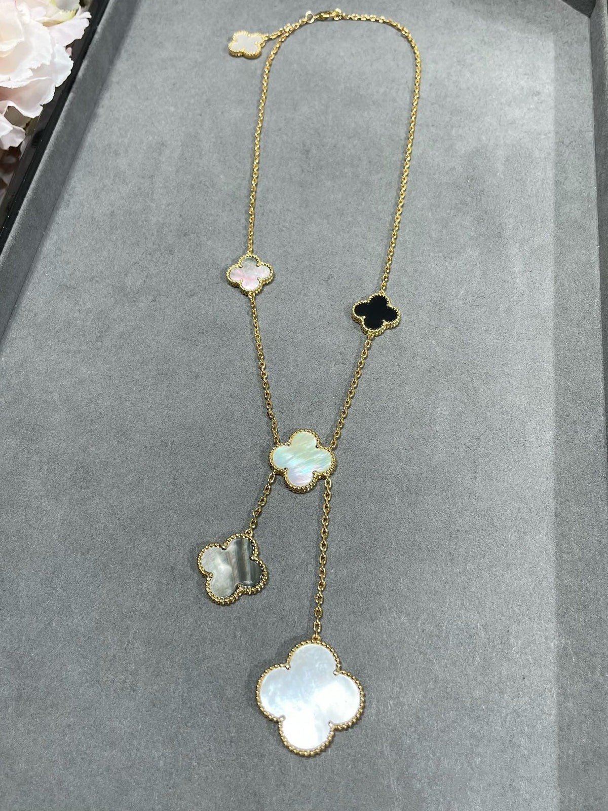 [⭐Hinora Jewelry]CLOVER 6 MOTIF MOP ONYX GOLD NECKLACE