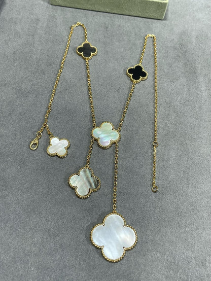 [⭐Hinora Jewelry]CLOVER 6 MOTIF MOP ONYX GOLD NECKLACE