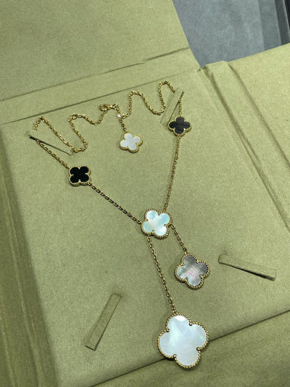 [⭐Hinora Jewelry]CLOVER 6 MOTIF MOP ONYX GOLD NECKLACE