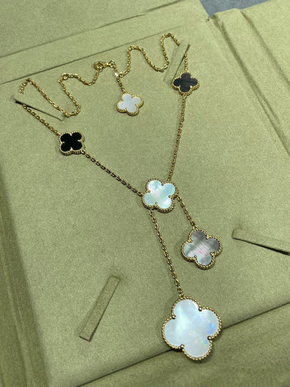 [⭐Hinora Jewelry]CLOVER 6 MOTIF MOP ONYX GOLD NECKLACE