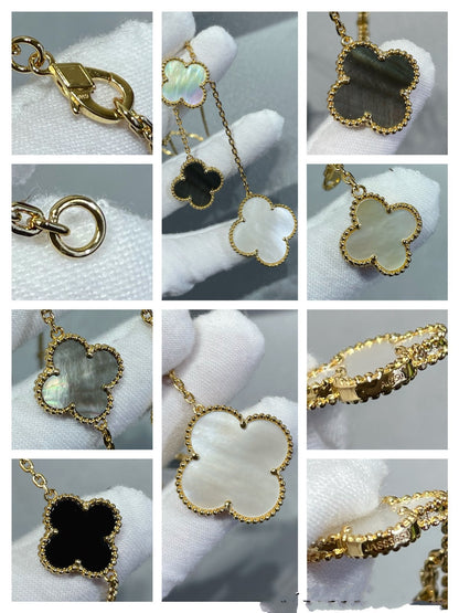 [⭐Hinora Jewelry]CLOVER 6 MOTIF MOP ONYX GOLD NECKLACE