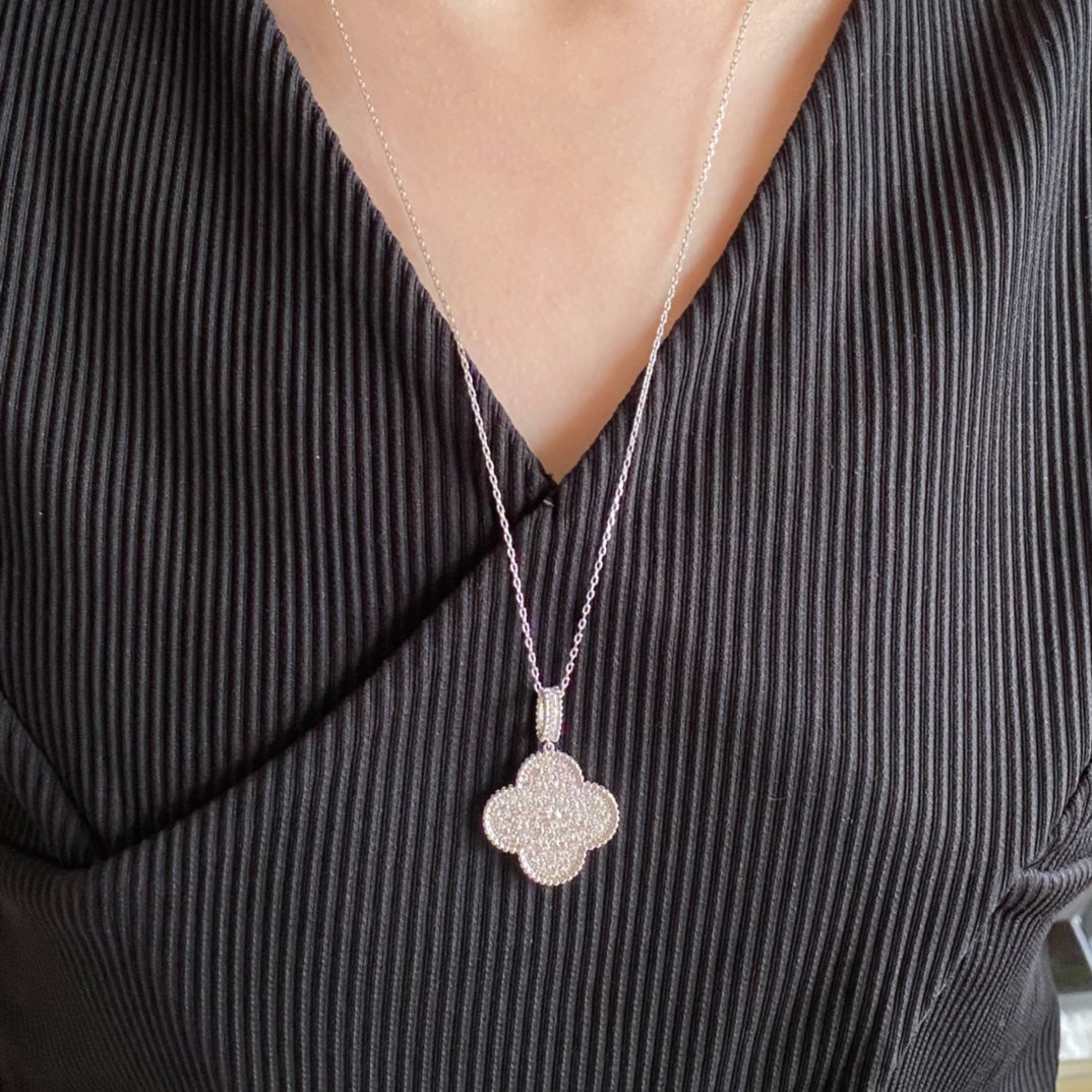 [⭐Hinora Jewelry]CLOVER 25MM LARGE PEDANT DIAMOND PAVED LONG NECKLACE