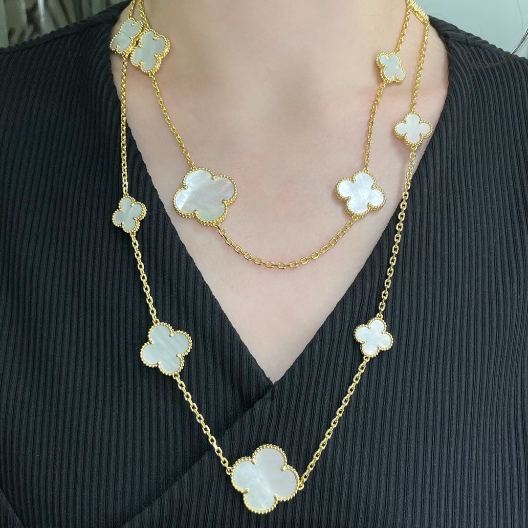 [⭐Hinora Jewelry]CLOVER 16 MOTIF WHITE MOP GOLD NECKLACE