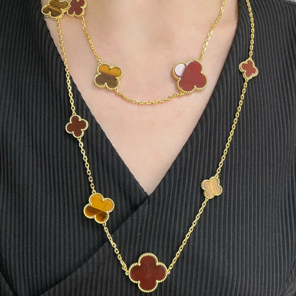 [⭐Hinora Jewelry]CLOVER 16 MOTIF CARNELIAN TIGER EYE ROSE GOLD NECKLACE