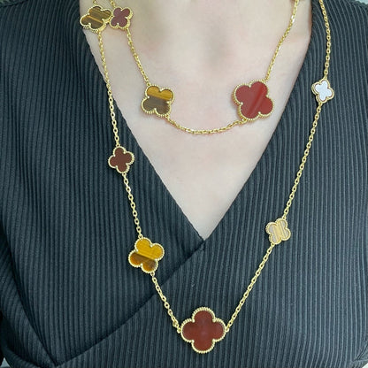 [⭐Hinora Jewelry]CLOVER 16 MOTIF CARNELIAN TIGER EYE ROSE GOLD NECKLACE