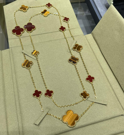 [⭐Hinora Jewelry]CLOVER 16 MOTIF CARNELIAN TIGER EYE ROSE GOLD NECKLACE
