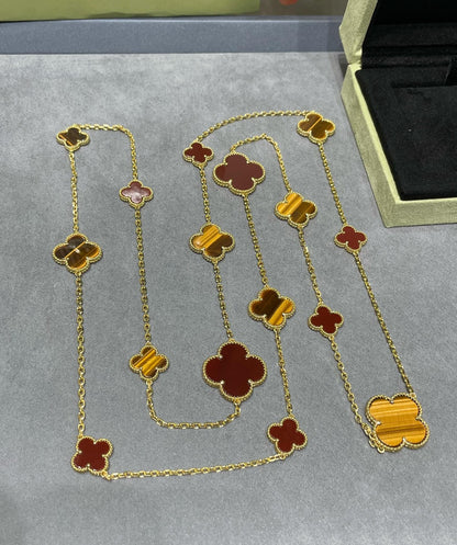 [⭐Hinora Jewelry]CLOVER 16 MOTIF CARNELIAN TIGER EYE ROSE GOLD NECKLACE