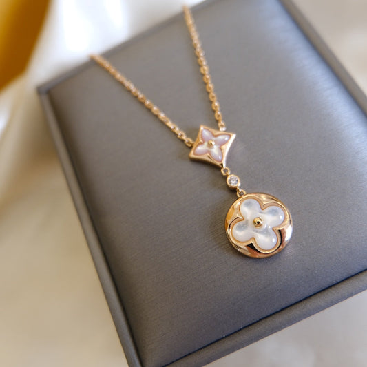 [⭐Hinora Jewelry]STAR AND SUN WHITE MOP 2 MOTIF PINK GOLD NECKLACE
