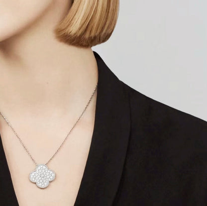 [⭐Hinora Jewelry]CLOVER 25MM LARGE PENDANT DIAMOND PAVED SILVER NECKLACE
