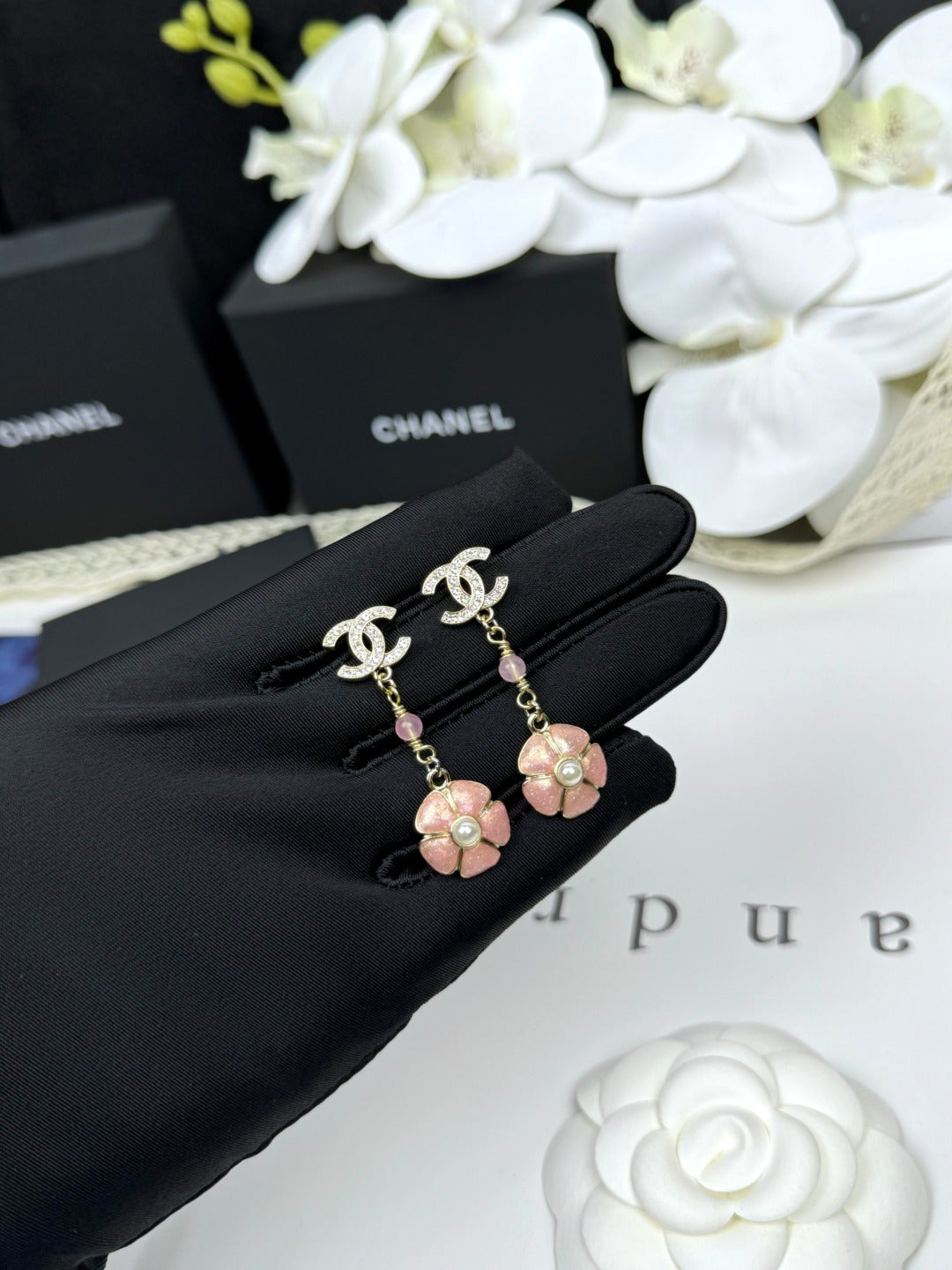 [⭐Hinora Jewelry]26C Pink Camellia Enamel Pendant with Double C Earrings