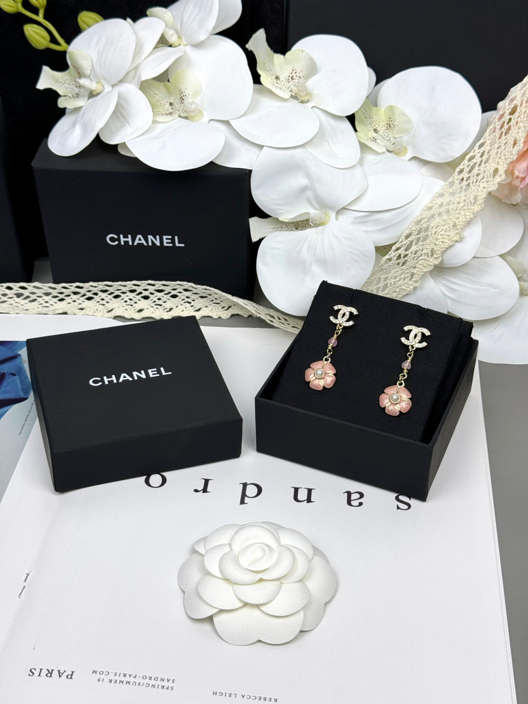[⭐Hinora Jewelry]26C Pink Camellia Enamel Pendant with Double C Earrings