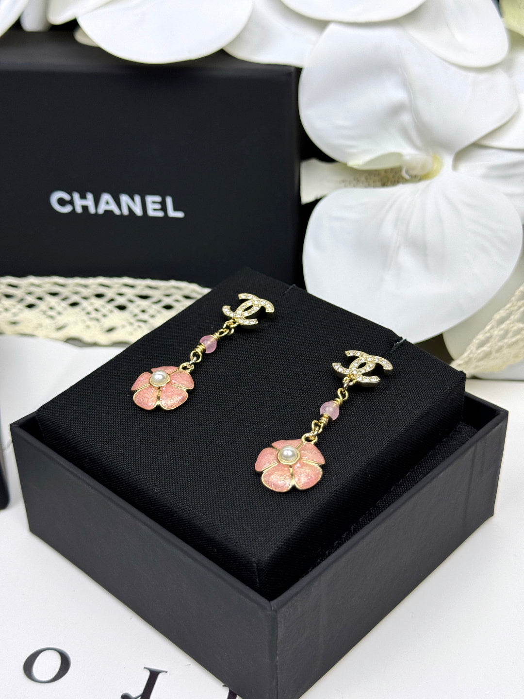 [⭐Hinora Jewelry]26C Pink Camellia Enamel Pendant with Double C Earrings