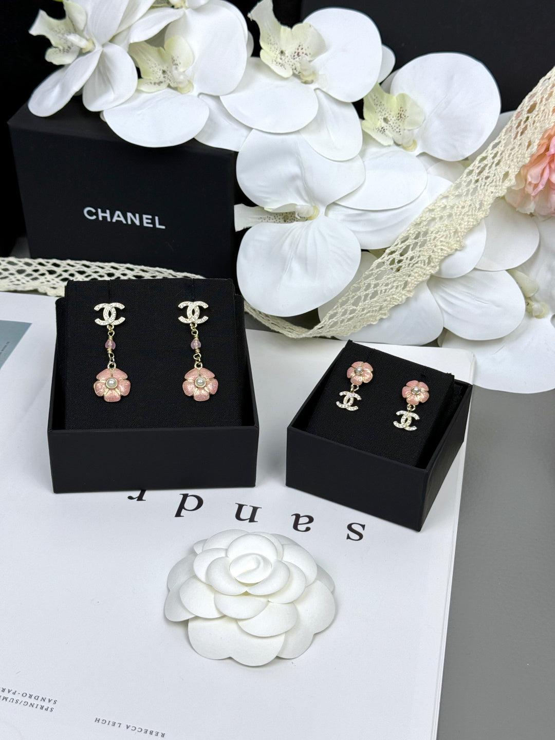 [⭐Hinora Jewelry]26C Pink Camellia Enamel Pendant with Double C Earrings