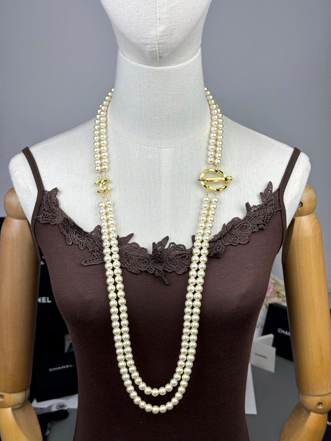 [⭐Hinora Jewelry]25K Pencil Double C Double-Layer Pearl Sweater Chain