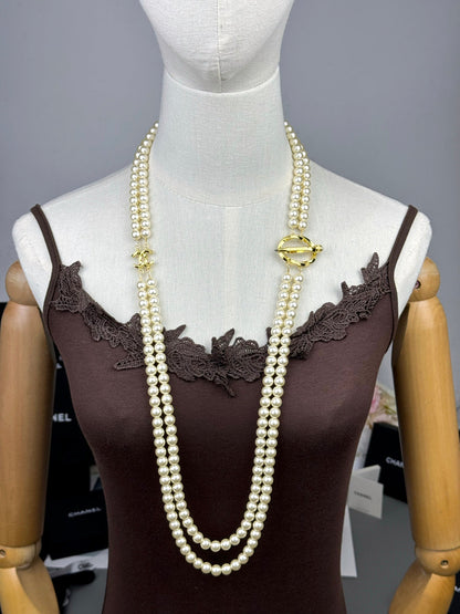 [⭐Hinora Jewelry]25K Pencil Double C Double-Layer Pearl Sweater Chain
