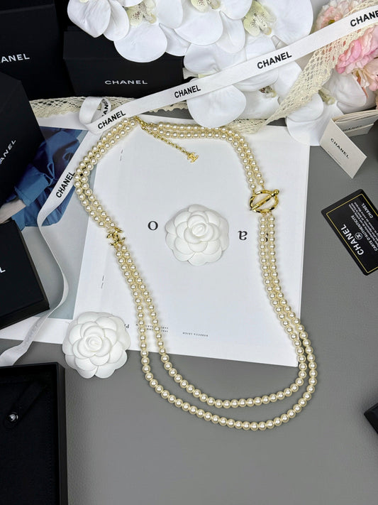 [⭐Hinora Jewelry]25K Pencil Double C Double-Layer Pearl Sweater Chain