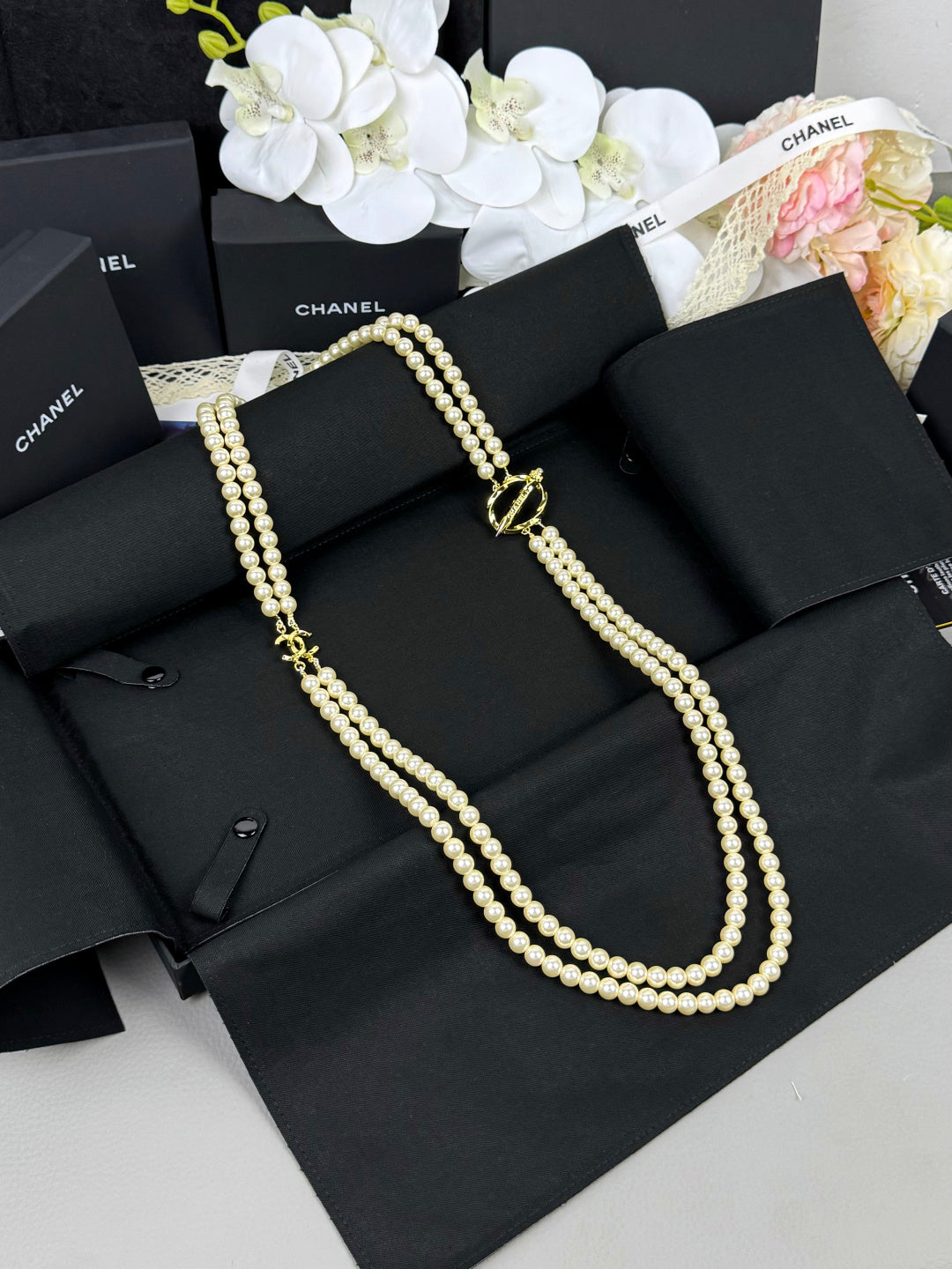 [⭐Hinora Jewelry]25K Pencil Double C Double-Layer Pearl Sweater Chain