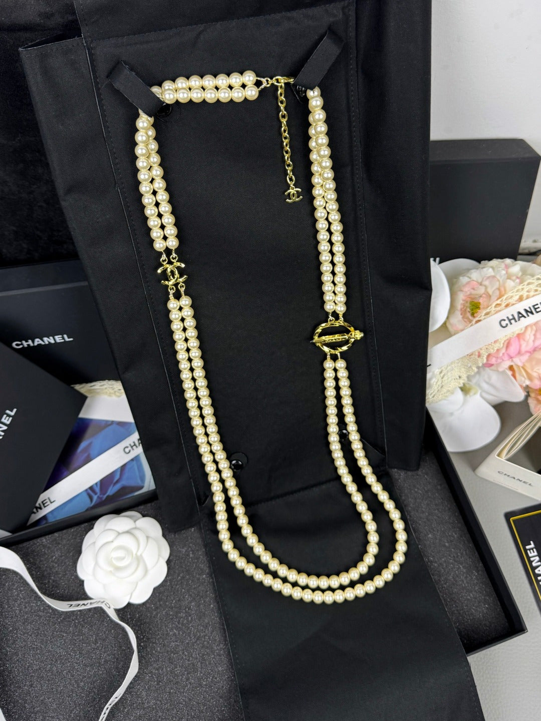 [⭐Hinora Jewelry]25K Pencil Double C Double-Layer Pearl Sweater Chain