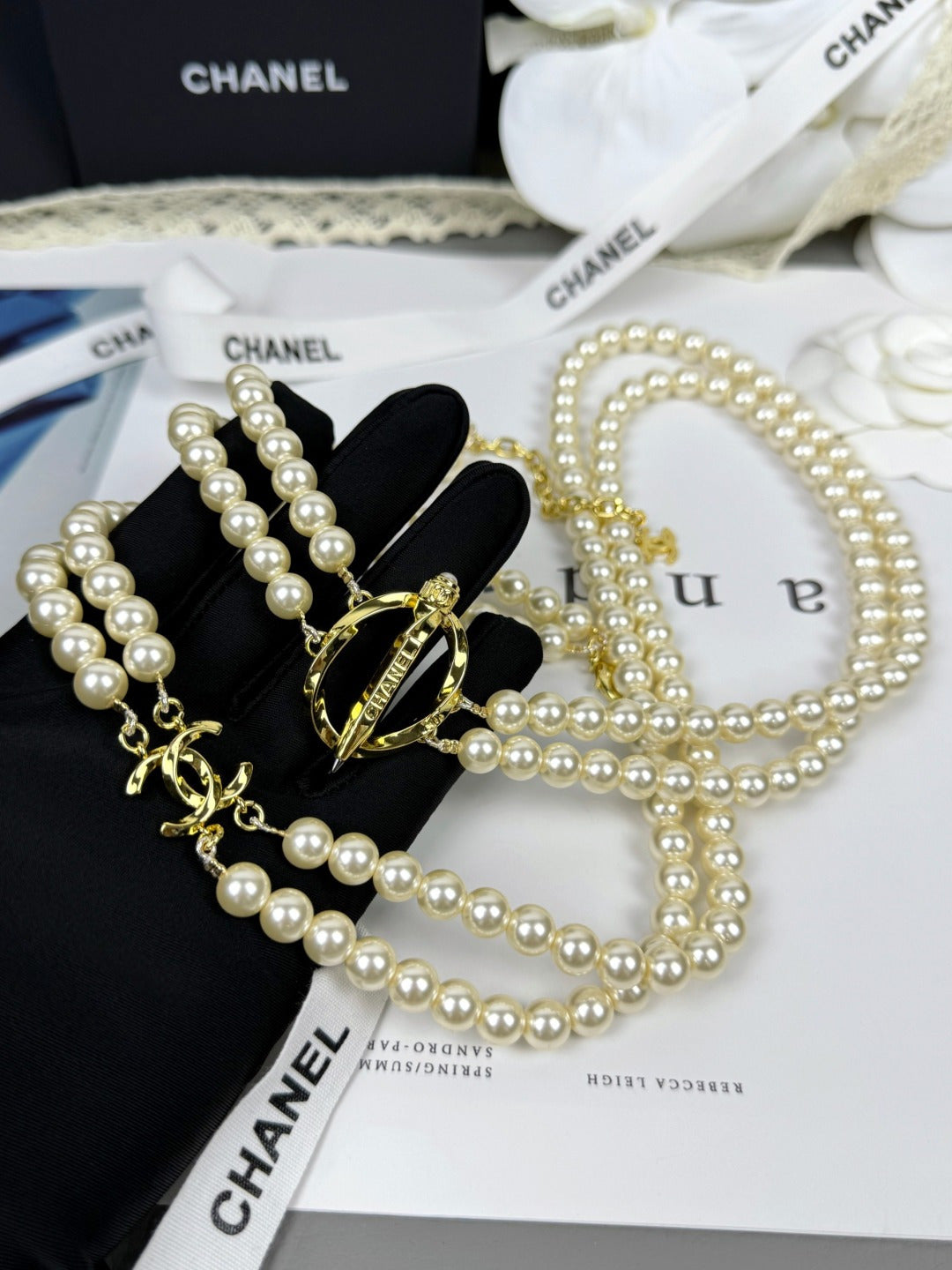 [⭐Hinora Jewelry]25K Pencil Double C Double-Layer Pearl Sweater Chain