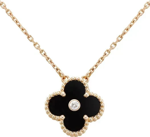 [⭐Hinora Jewelry]CLOVER 15MM DIAMOND ONYX NECKLACE