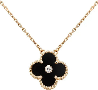 [⭐Hinora Jewelry]CLOVER 15MM DIAMOND ONYX NECKLACE