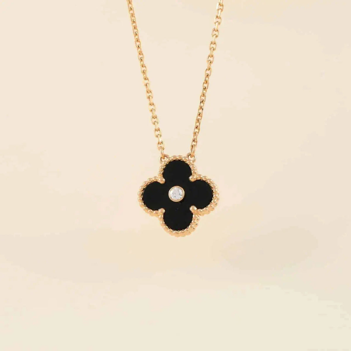 [⭐Hinora Jewelry]CLOVER 15MM DIAMOND ONYX NECKLACE