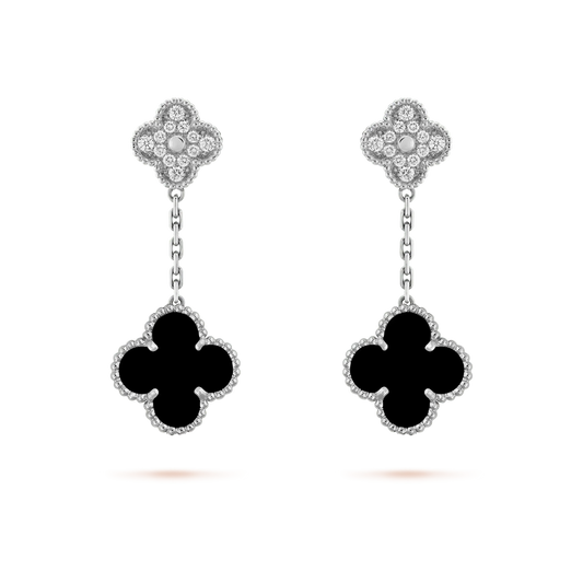 [⭐Hinora Jewelry]CLOVER 2 MOTIFS  DIAMOND ONYX EARRINGS SILVER