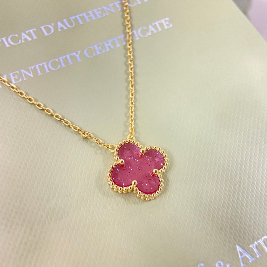 [⭐Hinora Jewelry]15MM BUBBLE PINK ENAMEL SINGLE-FLOWER FOUR-LEAF CLOVER NECKLACE