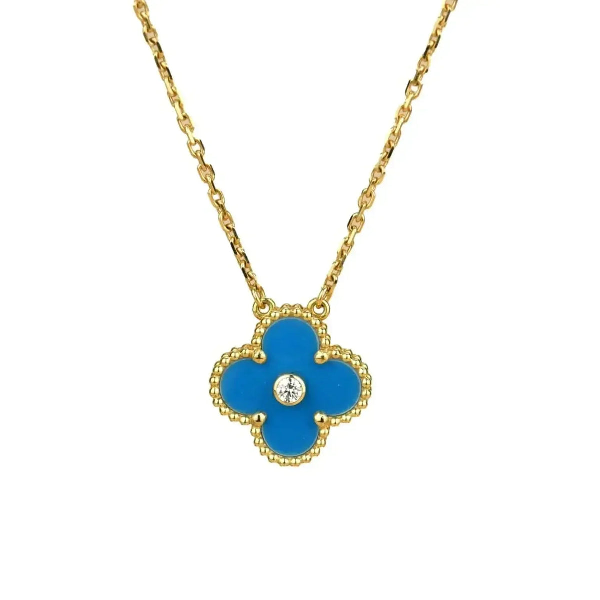 [⭐Hinora Jewelry]CLOVER 15MM DIAMOND AND BLUE AGATE NECKLACE