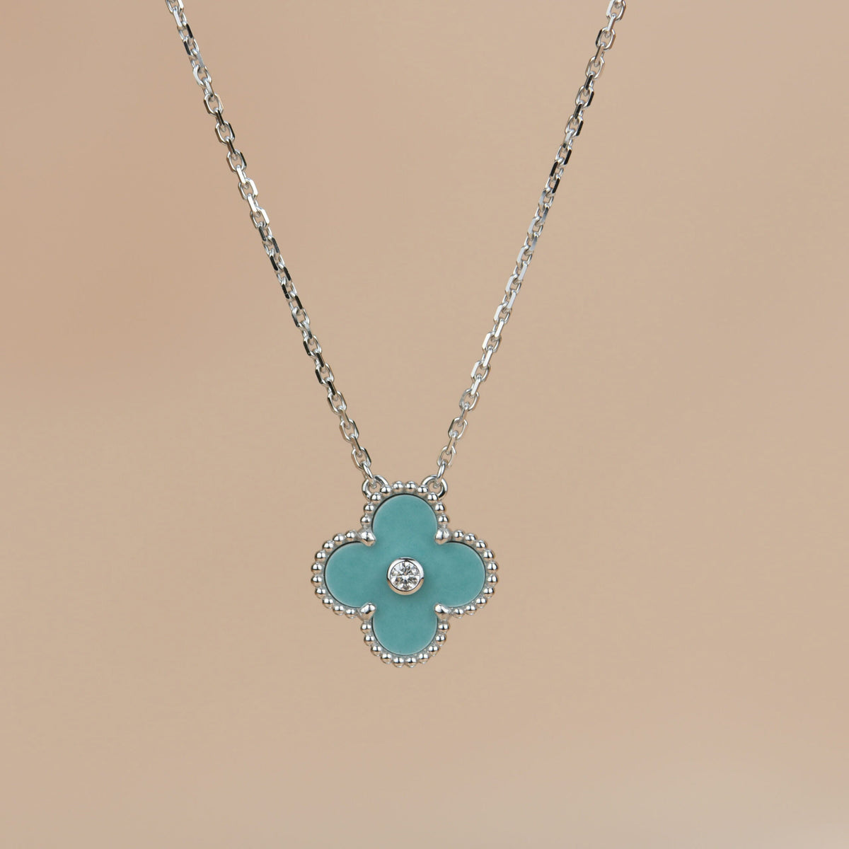 [⭐Hinora Jewelry]CLOVER 15MM DIAMOND SVRES PORCELAIN  NECKLACE SILVER