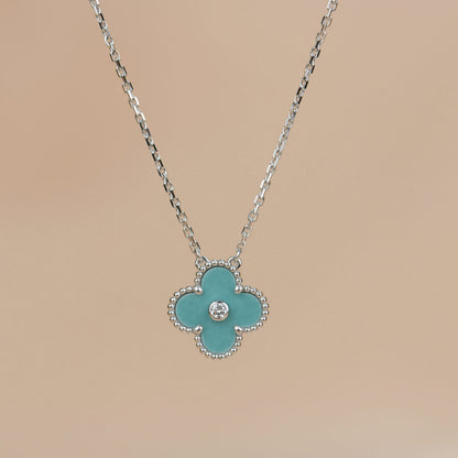 [⭐Hinora Jewelry]CLOVER 15MM DIAMOND SVRES PORCELAIN  NECKLACE SILVER