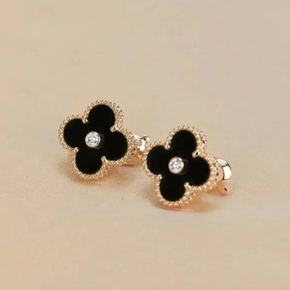 [⭐Hinora Jewelry]CLOVER MEDIUM 1 MOTIFS ONYX DIAMOND EARRINGS