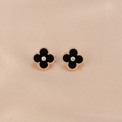 [⭐Hinora Jewelry]CLOVER MEDIUM 1 MOTIFS ONYX DIAMOND EARRINGS