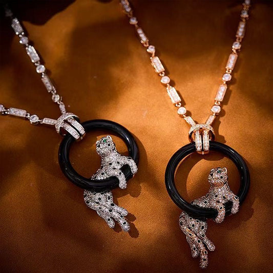 [⭐Hinora Jewelry jewelrys]NEW BLACK CIRCLE PANTHER FULL DIAMOND NECKLACE