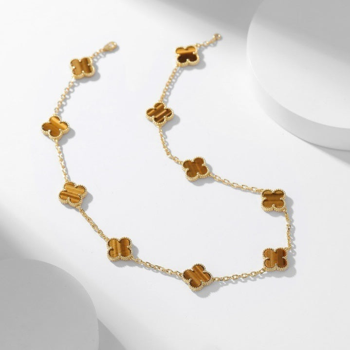 [⭐Hinora Jewelry]CLOVER 10 MOTIFS TIGER EYE NECKLACE