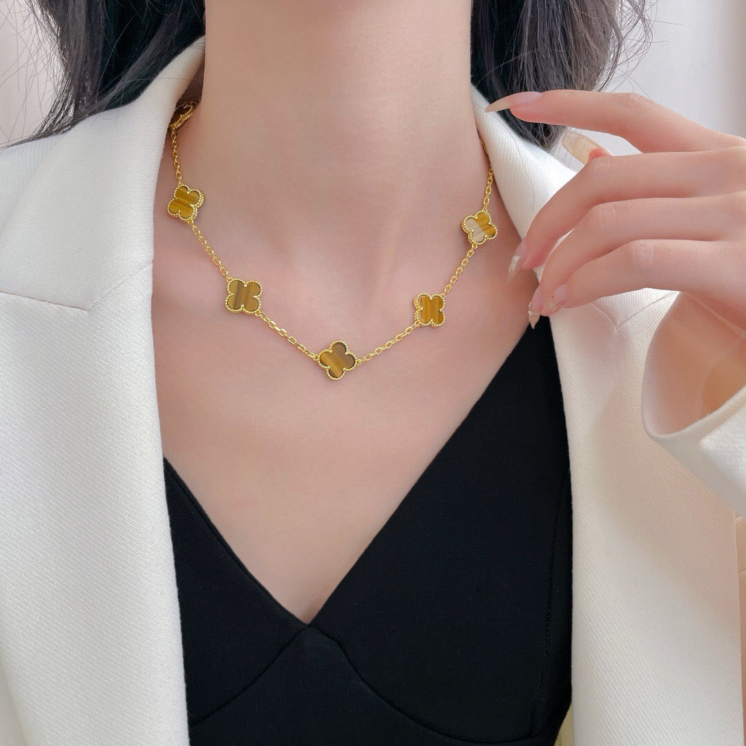 [⭐Hinora Jewelry]CLOVER 10 MOTIFS TIGER EYE NECKLACE