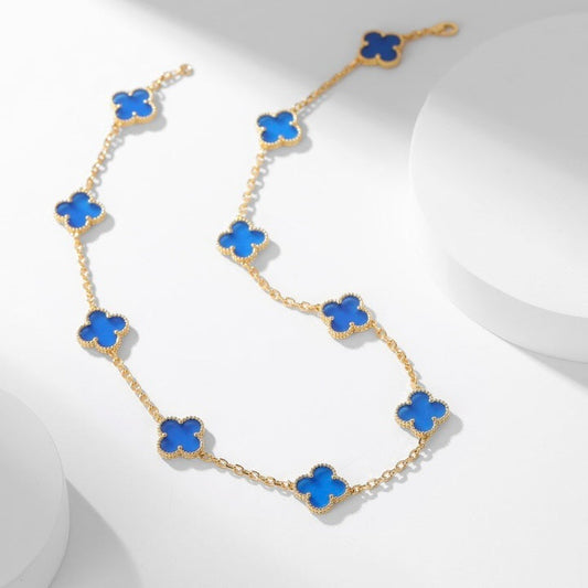 [⭐Hinora Jewelry]CLOVER 10 MOTIFS BLUE AGATE NECKLACE