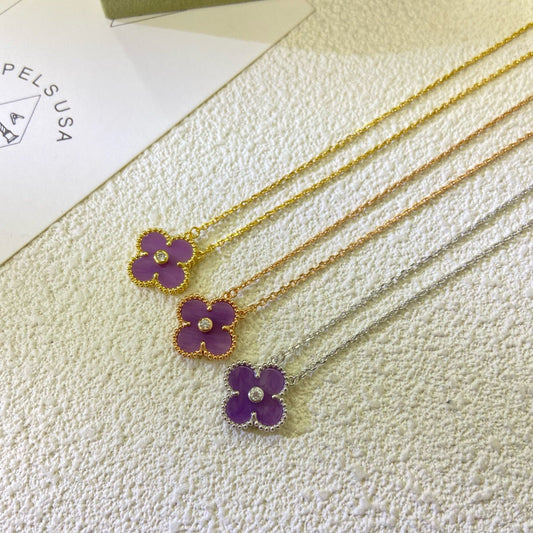 [⭐Hinora Jewelry Jewelry]CLOVER 15MM DIAMOND  PURPLE VIOLET NECKLACE