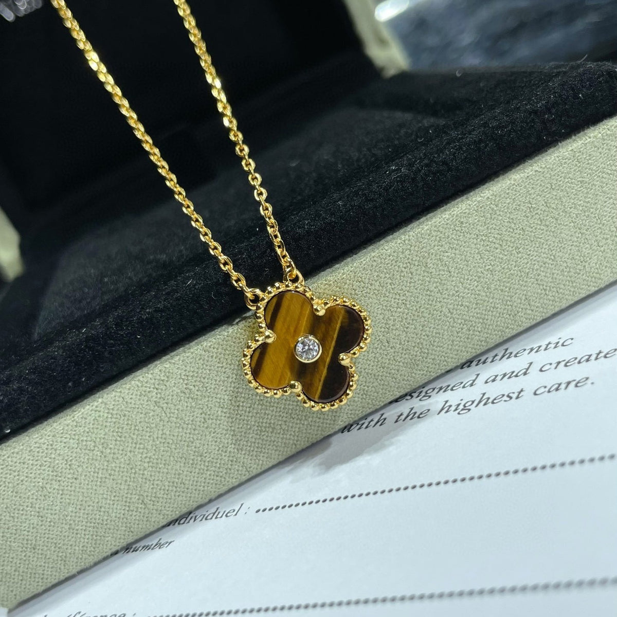 [⭐Hinora Jewelry]CLOVER 15MM DIAMOND AND YELLOW TIGER'S EYE AGATE necklace