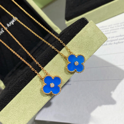 [⭐Hinora Jewelry]CLOVER 15MM DIAMOND AND BLUE AGATE NECKLACE