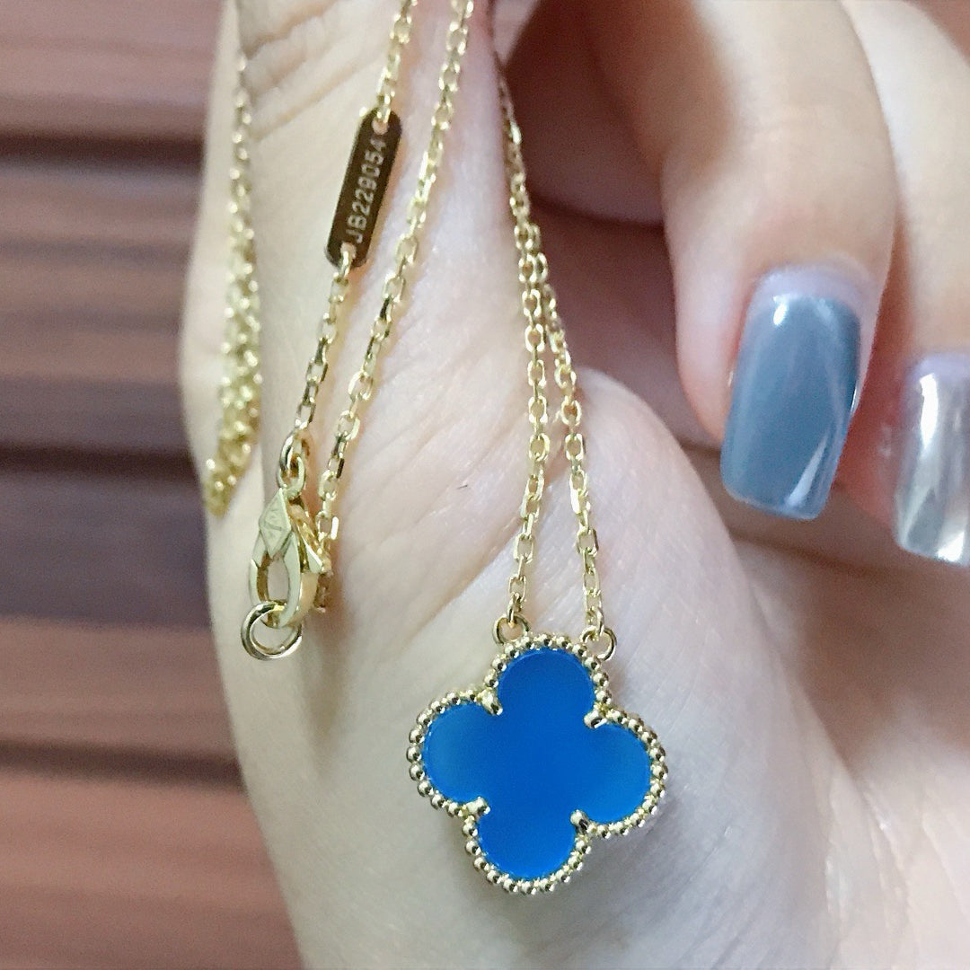 [⭐Hinora Jewelry]CLOVER 15MM BLUE AGATE NECKLACE