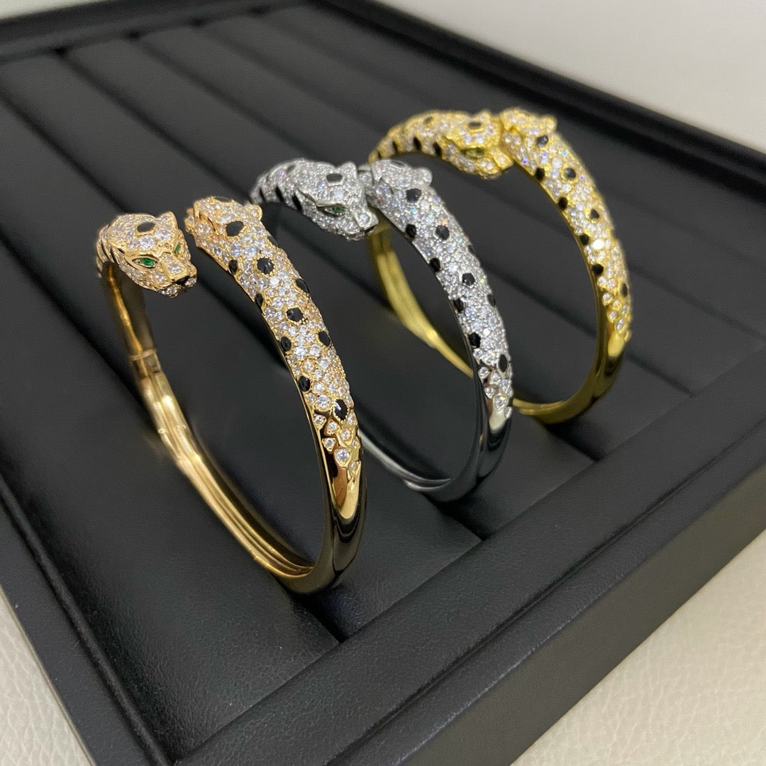[⭐Hinora Jewelry]PANTHERE DOUBLE HEADED HALF DIAMOND OPEN BRACELET