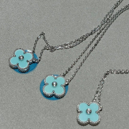 [⭐Hinora Jewelry]CLOVER 1 DIAMOND LIGHT BLUE SILVER NECKLACE
