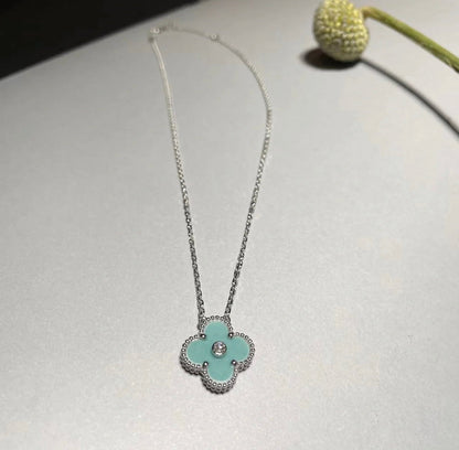 [⭐Hinora Jewelry]CLOVER 1 DIAMOND LIGHT BLUE SILVER NECKLACE