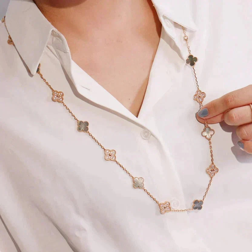 [⭐Hinora Jewelry]CLOVER 20 MOTIFS DARK MOP DIAMOND  NECKLACE
